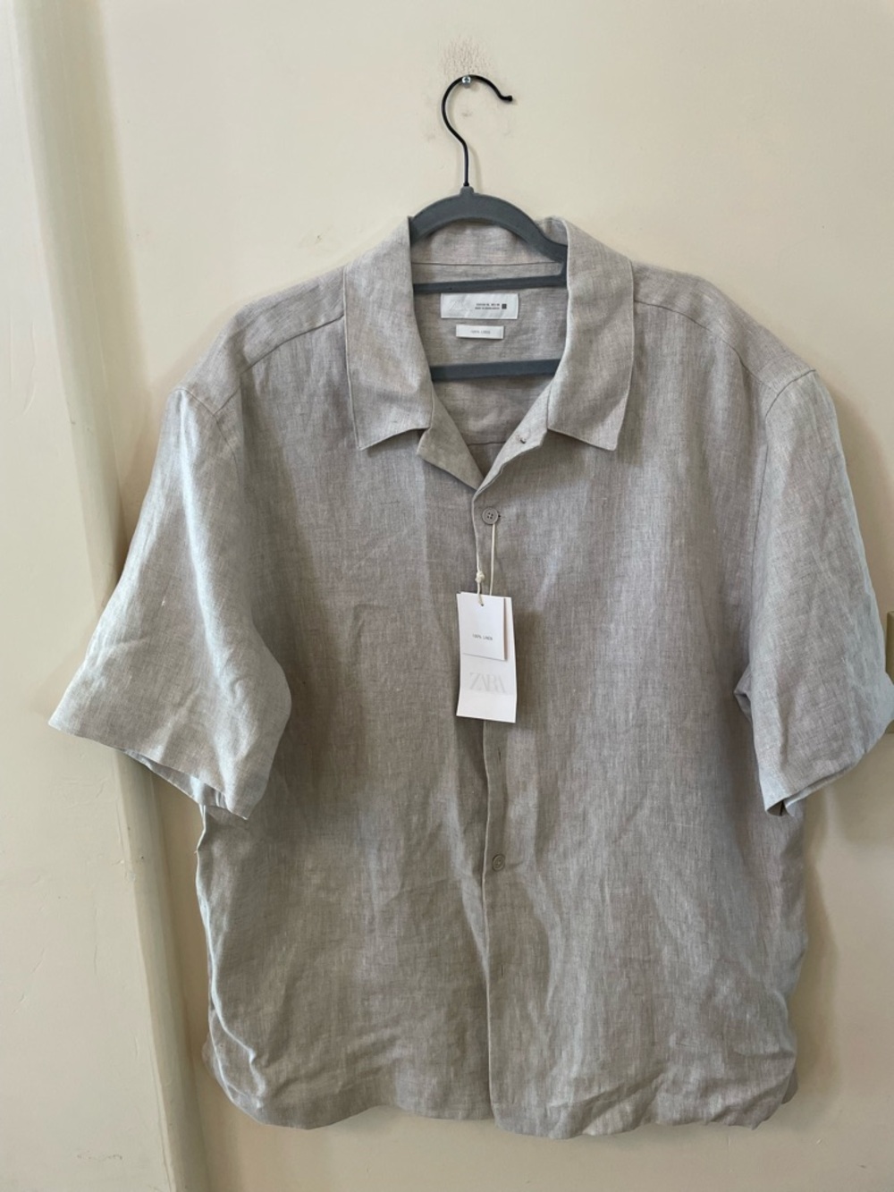 NWT Zara Men 100% Linen Sand Beige Short Sleeve Button Up Shirt XL